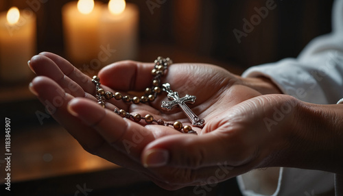 Hands holding small cross prayer hands on cross necklace Hands holding rosary with cross near candlelight