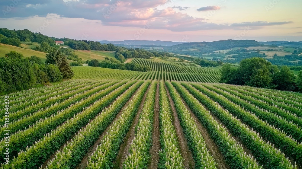 Vineyard Landscape: Rows of Green Vines on Rolling Hills at Sunset Vineyard Landscape: Rows of Green Vines on Rolling Hills at Sunset