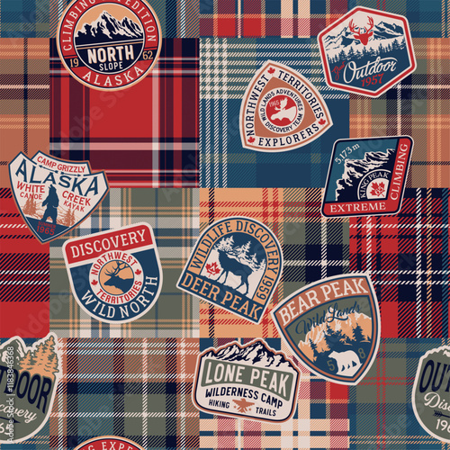 Vintage outdoor adventure label patches with tartan plaid patchwork background abstract vector seamless pattern for shirt fabric wrapping carpet rug pillow tablecloth