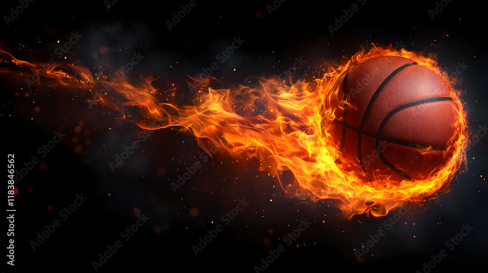 A burning basketball ball that is cut out and flying with flames A burning basketball ball that is cut out and flying with flames