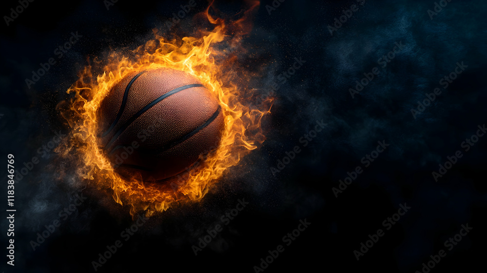 A burning basketball ball that is cut out and flying with flames A burning basketball ball that is cut out and flying with flames