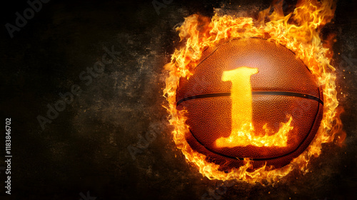 A burning basketball ball that is cut out and flying with flames