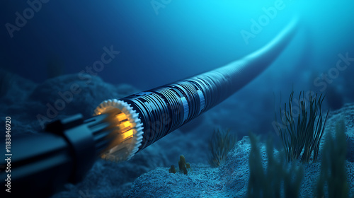 A high-tech submarine fiber-optic cable used for global underwater communication, transmitting data across oceans with high-speed internet connectivity photo