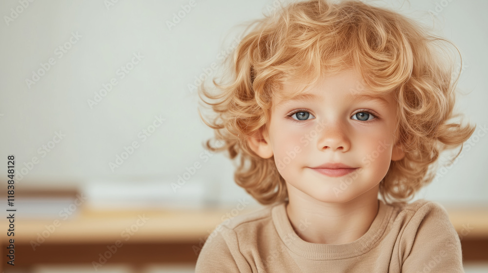 Portrait of a young child with curly blonde hair and blue eyes, wearing a beige shirt, set against a soft indoor background. Studio shot. Childhood innocence and happiness concept for design and print Portrait of a young child with curly blonde hair and blue eyes, wearing a beige shirt, set against a soft indoor background. Studio shot. Childhood innocence and happiness concept for design and print