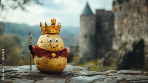 A playful potato character dons a regal crown and a royal robe while holding a scepter, set against the backdrop of an ancient castle on a misty day photo