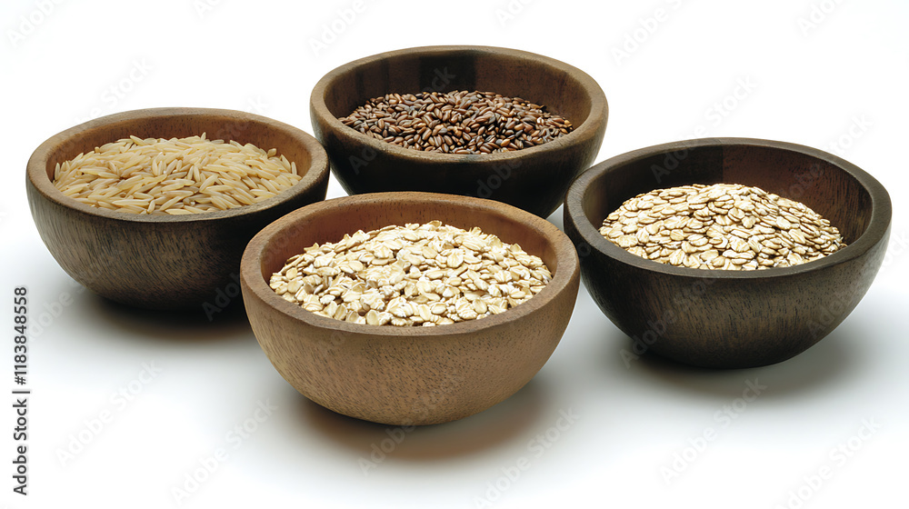 A variety of whole grains including brown rice, quinoa, oats, and barley arranged in bowls, symbolizing a nutritious diet for a healthy lifestyle A variety of whole grains including brown rice, quinoa, oats, and barley arranged in bowls, symbolizing a nutritious diet for a healthy lifestyle