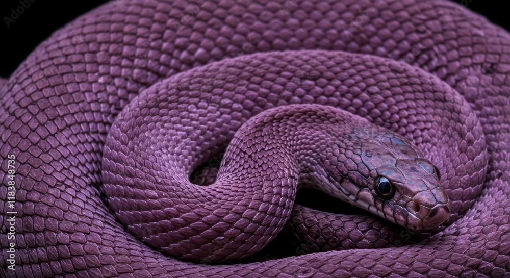 Fototapeta premium Purple Snake Coiled In Dark Background Showing Scales