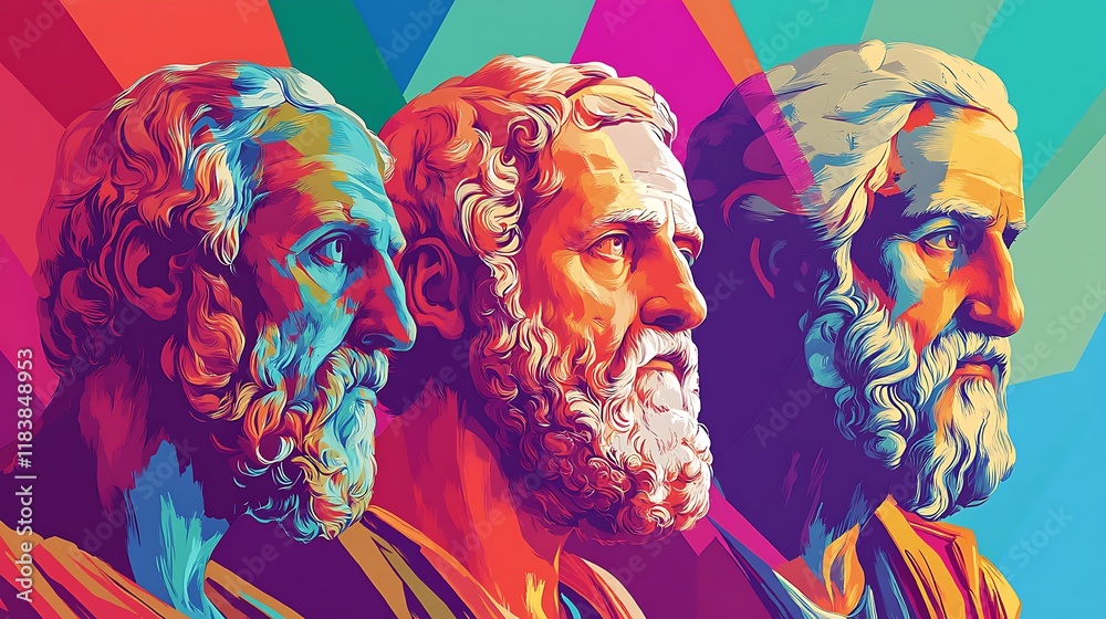 Naklejka premium Colorful portraits of three ancient Greek philosophers.