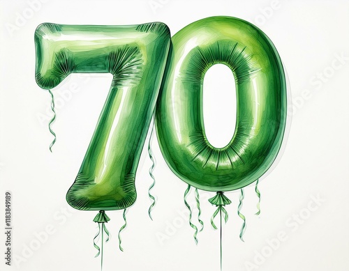 Green birthday / anniversary party balloon, number 70, watercolor painting with white background photo