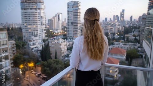 Woman with long hair stands on a glass balcony, gazing at an urban skyline at sunset. Modern cityscape, sunset view
 photo