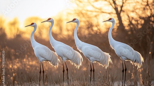 Four whooping cranes stand in a row at sunset. photo