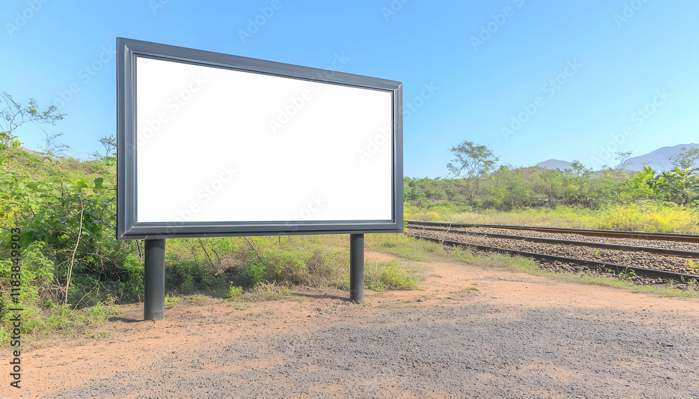 Obraz premium Blank billboard, rural train track, ad space