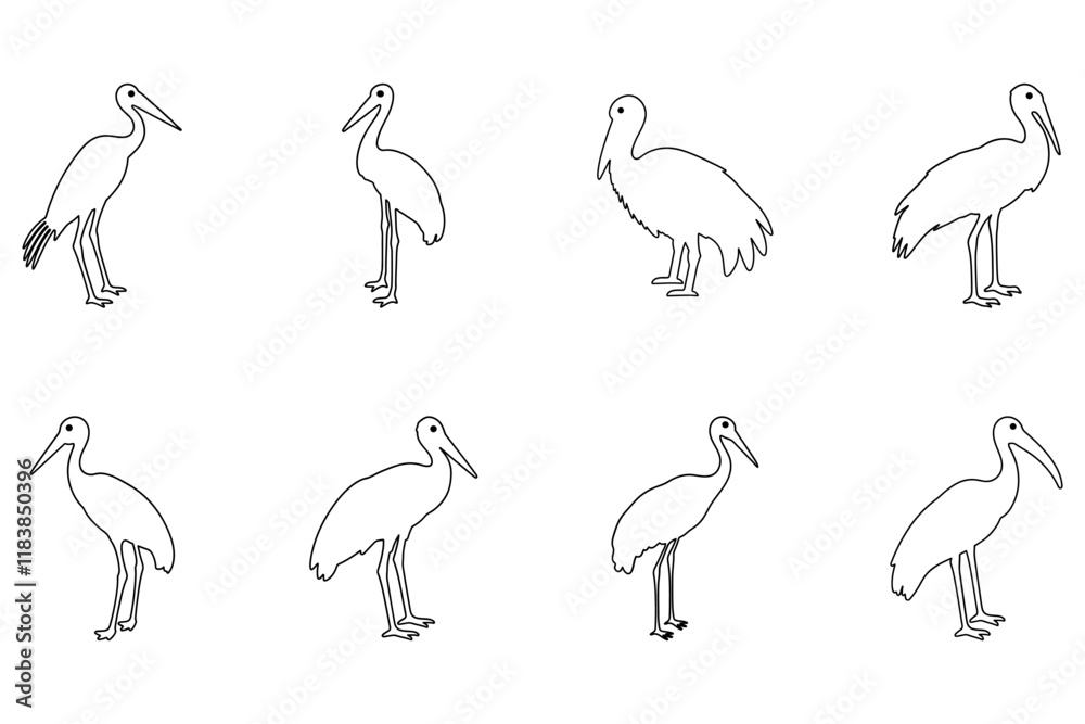 Obraz premium Outline Stork Bird Illustration Design Set