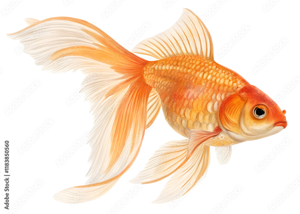 A golden-orange goldfish with delicate, translucent fins swimming, isolated on transparent background A golden-orange goldfish with delicate, translucent fins swimming, isolated on transparent background