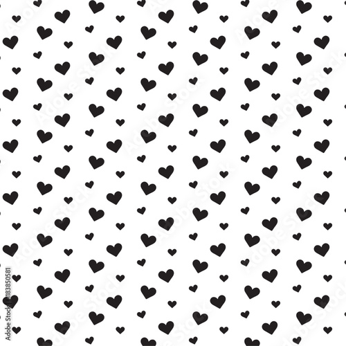 Seamless pattern with big and small hearts in black on white background for holidays, valentine's day, wallpapers, wrapping, marketing, packaging