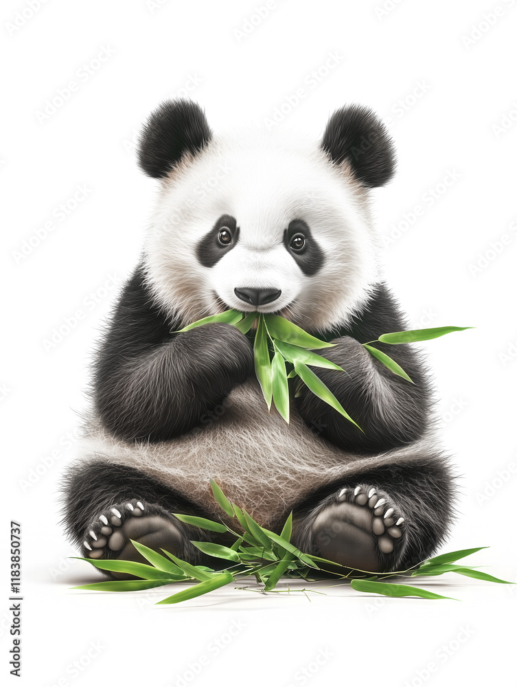 Fototapeta premium cute panda sits contentedly, munching on fresh bamboo leaves with serene expression.