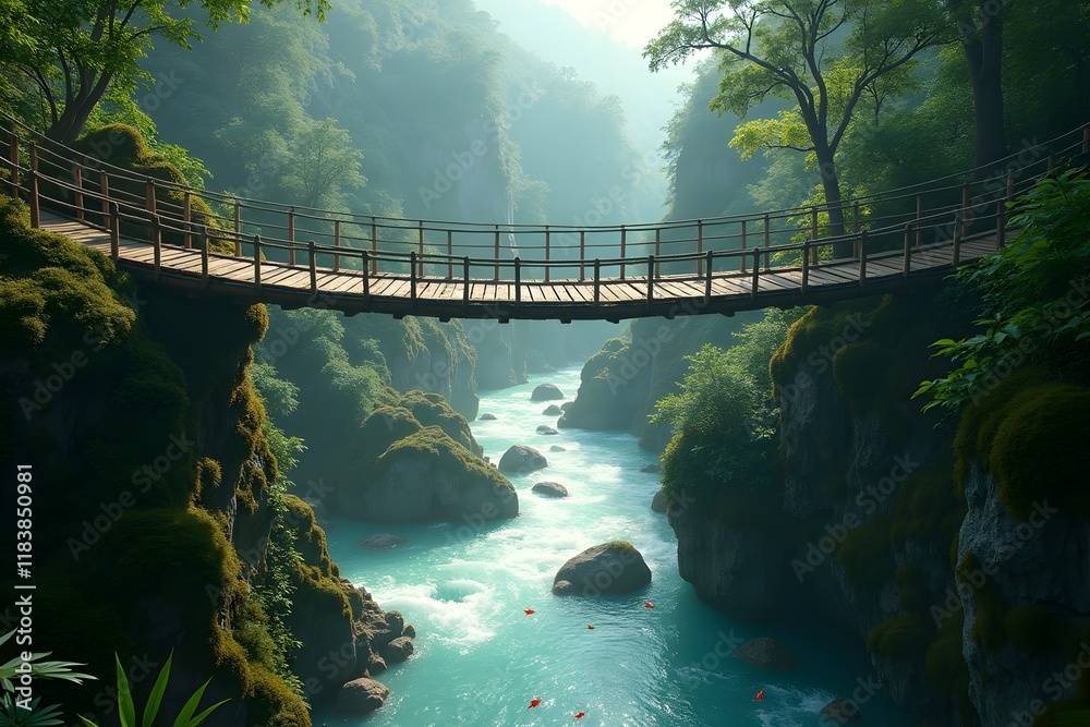 Fototapeta premium suspension bridge in tropical forest valley and under the bridge river water with fast flowing water and many rocks