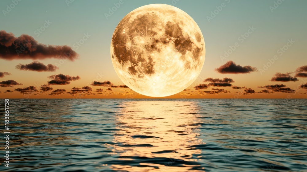 A photostock of a serene ocean under a glowing full moon with the A photostock of a serene ocean under a glowing full moon with the