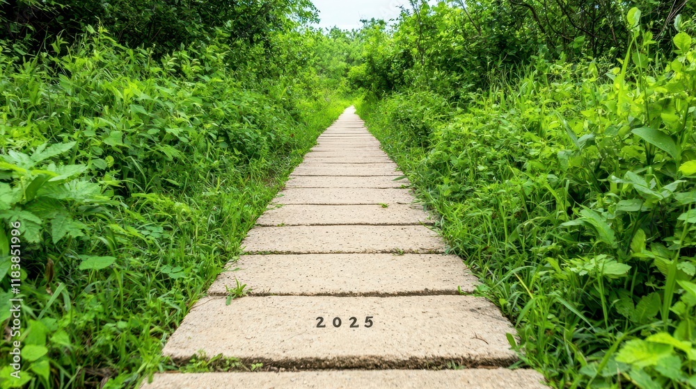 Obraz premium A photostock of a serene outdoor trail surrounded by greenery, with 