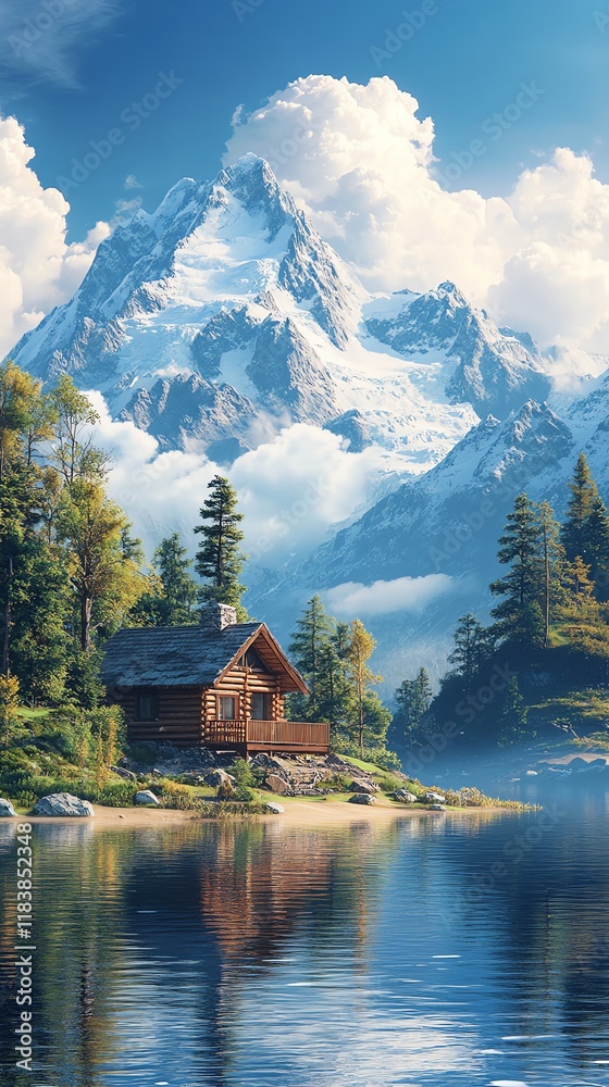 Fototapeta premium Serene Log Cabin by Tranquil Lake with Majestic Mountain Vista
