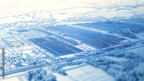 An intricate blueprint design of a largescale solar panel farm project, showcasing rows of photovoltaic panels planned for sustainable energy production photo