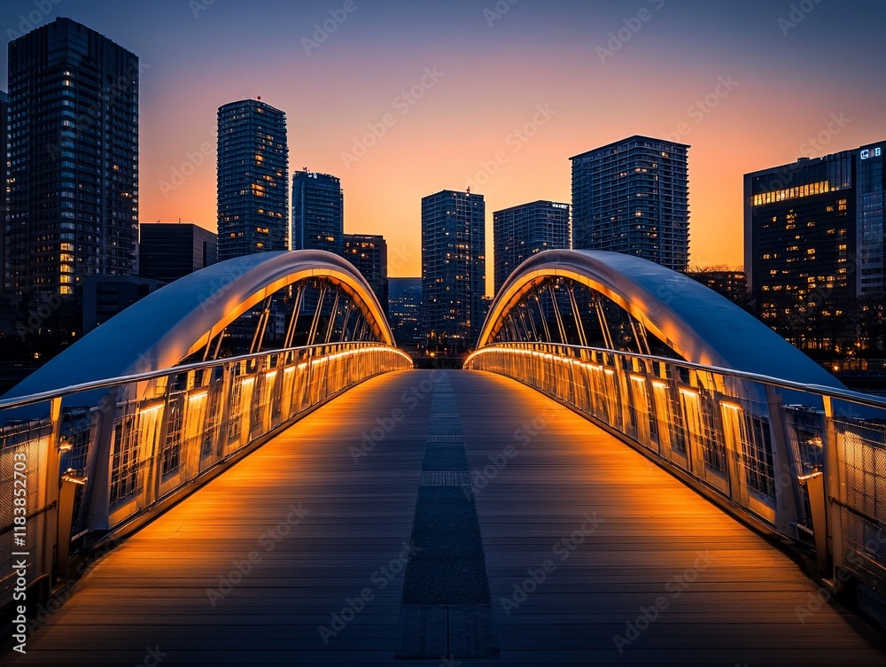 Obraz premium Modern illuminated bridge at dawn, city skyline backdrop.