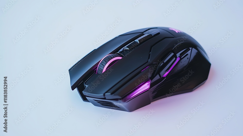 A black computer mouse with a purple and pink glow A black computer mouse with a purple and pink glow