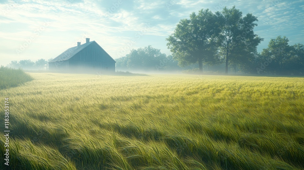 Misty sunrise over a wheat field with a farmhouse. Misty sunrise over a wheat field with a farmhouse.