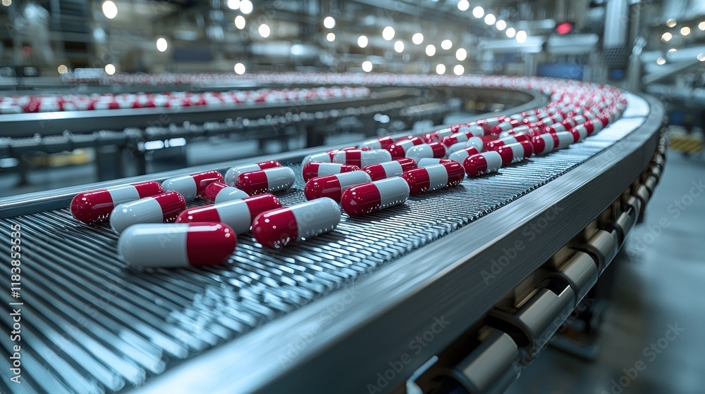 Fototapeta premium Capsules moving along a conveyor belt in a pharmaceutical manufacturing facility.