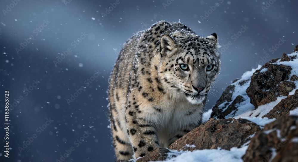 Snow Leopard Among Snowy Mountain Rocks Snow Leopard Among Snowy Mountain Rocks