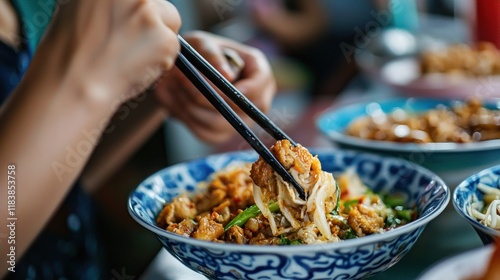 A close-up of a traditional Singapore street food dish being enjoyed at a hawker center.