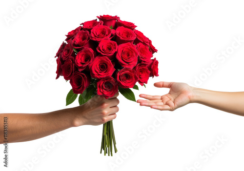 Red roses bouquet held by one hand and offered to another hand, isolated on transparent background, symbolizing love and affection. Flower delivery concept