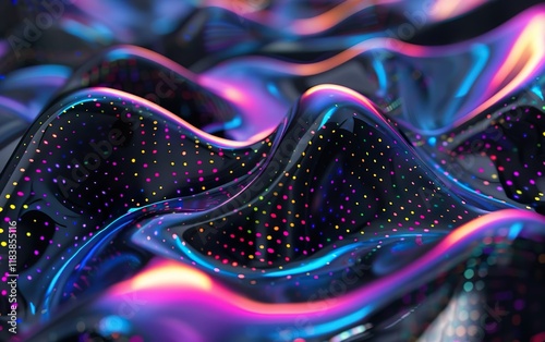 Glass morphism dark liquid texture. Heatmap style psychedelic surrealistic hologram, soft waves. Holographic abstract synthwave neon vibrant design. Rainbow gradient colors. Etherial surface pattern.