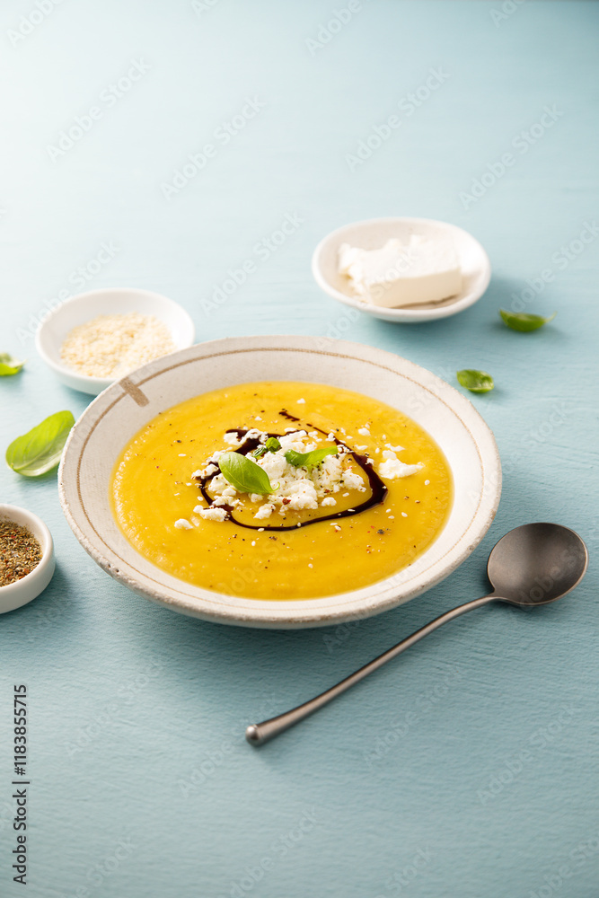 Homemade pumpkin soup with Feta cheese Homemade pumpkin soup with Feta cheese