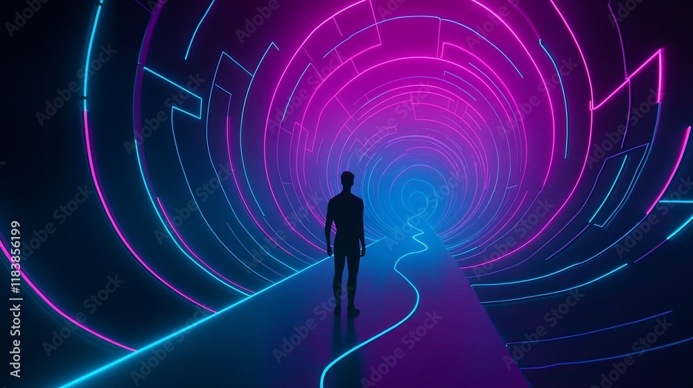 Silhouette of a person walking down a neon-lit, futuristic tunnel. Silhouette of a person walking down a neon-lit, futuristic tunnel.