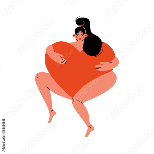 Woman holds red heart in hands. Cartoon girl character with big red love symbol, happy valentines day relationship self love concept. Vector flat illustration