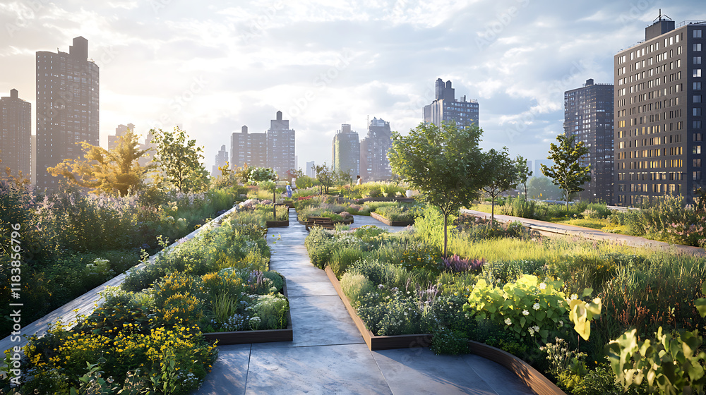 Obraz premium Concept of green roof oases, urban rooftops as vibrant, green spaces that contribute to biodiversity, provide cooling effects, and improve air quality, promoting city resilience