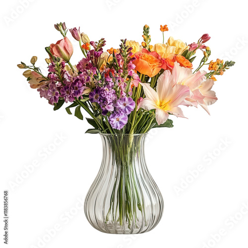 Elegant hand-blown glass vase adorned with vibrant fresh cut flowers, set against a pristine white backdrop for a striking visual appeal