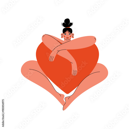 Woman holding big red heart. Cartoon girl character with large love symbol, valentines day romantic relationship friendship self love concept. Vector isolated illustration