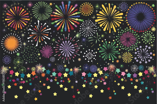 A vector decorative border with a colorful sky full of exploding fireworks. The fireworks are in various shapes and sizes, with multicolored sparks. The border is made of stars and streamers, adding t