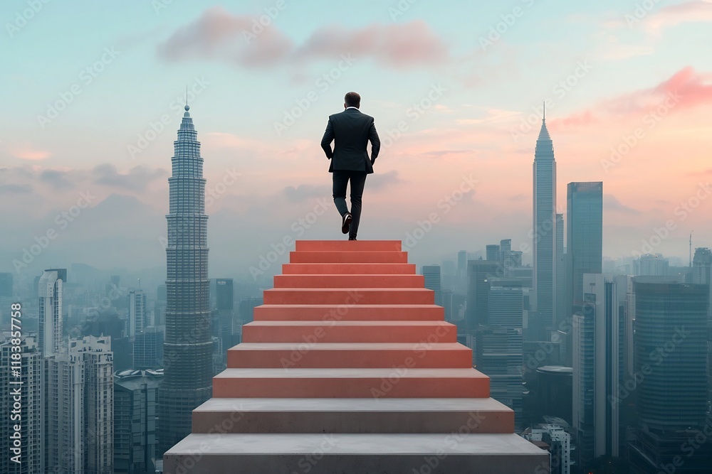 Determined business executive navigates an ascent up a dramatic concrete stairway focused expression surrounded by the towering skyscrapers of a metropolitan urban landscape Determined business executive navigates an ascent up a dramatic concrete stairway focused expression surrounded by the towering skyscrapers of a metropolitan urban landscape