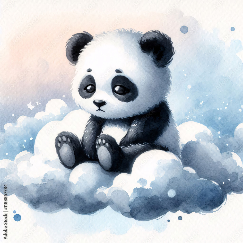 Whimsical Panda on a Cloud in a Light Watercolor Sky Whimsical Panda on a Cloud in a Light Watercolor Sky