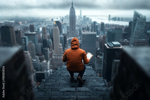 Ambitious Executive Climbs Towering Stairs Clipboard in Hand Gazing Determinedly at the Majestic Skyscrapers of the City Skyline photo