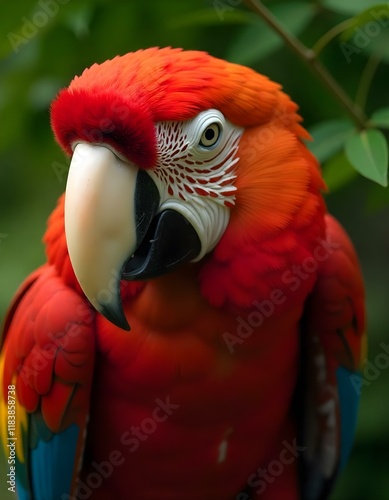 close-up of a scarlet macaw's face, showcasing its vibrant red feathers, yellow and blue wing patterns visible in the background, sharp beak with a hint of black, bright eye with intricate detail, sur