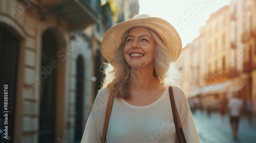 Fototapeta Naklejka Na Ścianę i Meble -  Portrait of stylish happy caucasian woman traveling on the streets in Italy