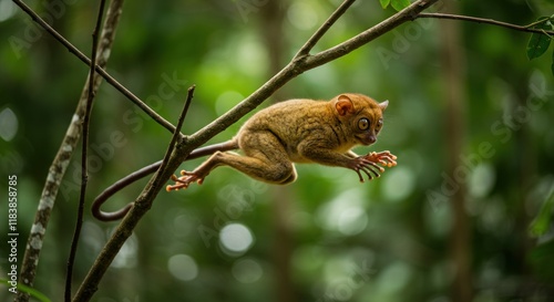 A Philippine Tarsier Leaps Between Branches In Jungle