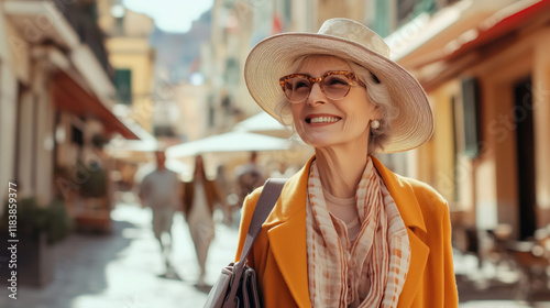 Fototapeta Naklejka Na Ścianę i Meble -  Portrait of stylish happy caucasian woman traveling on the streets in Italy