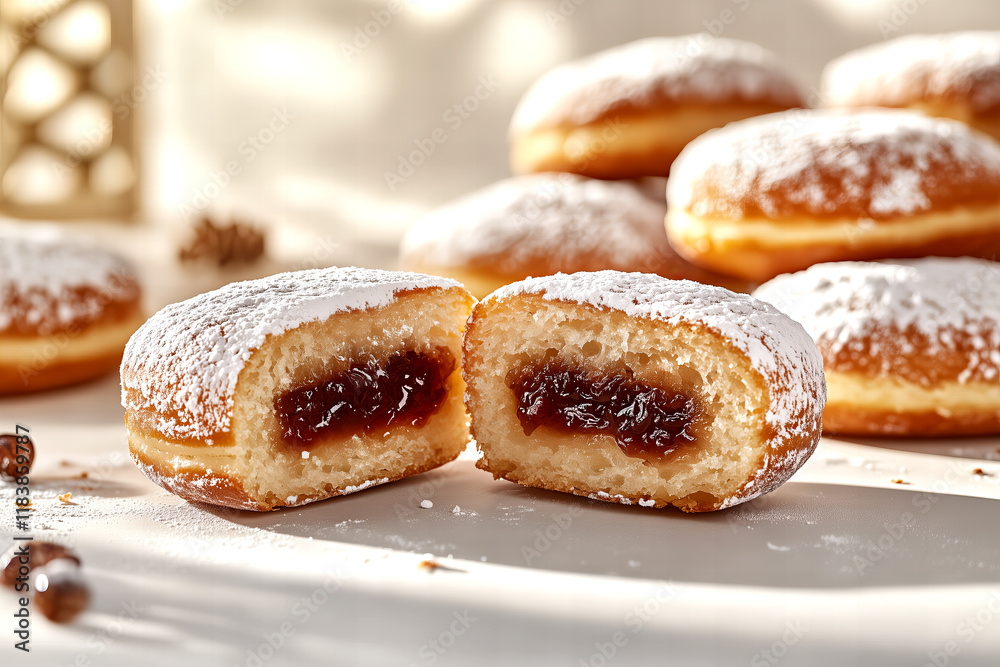 Close-up of jelly-filled donuts dusted with powdered sugar, with one cut open to reveal the sweet, rich filling inside.
Close-up of jelly-filled donuts dusted with powdered sugar, with one cut open to reveal the sweet, rich filling inside.