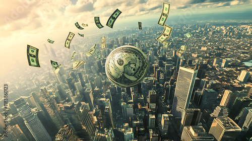 Hyperinflation economy and global inflation concept or overvalued economics as a financial crisis and inflated prices as a finance risk to investors and speculative valuation ready to explode as an ex photo