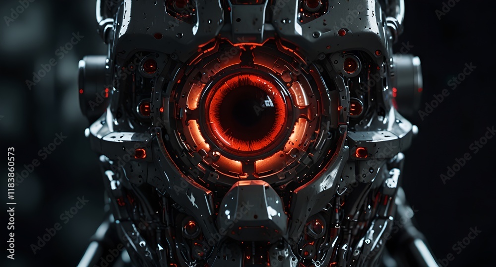 Fototapeta premium A cyborg's face in close-up, showcasing a single red eye and oil tears streaming down its metallic surface. 